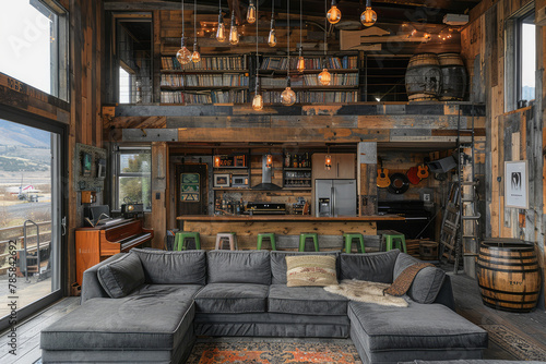 Photo of rustic modern interior, large open space with bar and seating area above in the style of industrial chic, grey sofa, wood floors, big windows on the side overlooking the ocean.Created with Ai