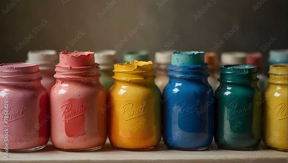 A series of watercolor paint jars lined up, each filled with a different, bright color, under soft lighting Generative AI A series of watercolor paint jars lined up, each filled with a different, bright color, under soft lighting Generative AI