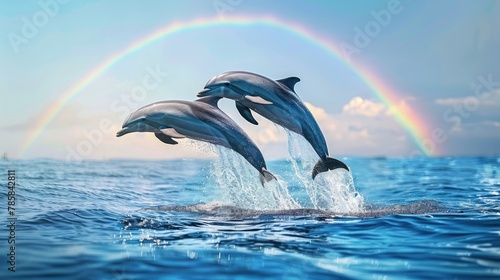 banner background National Dolphin Day theme, and wide copy space, Two dolphins jumping in unison out of the water with a rainbow in the background, for banner, 