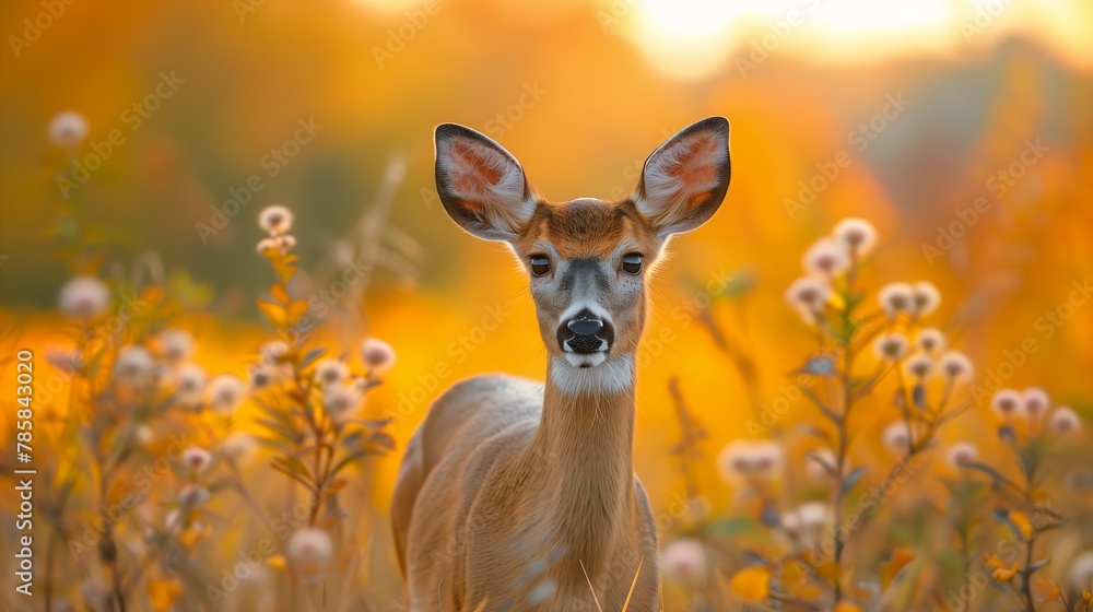 deer standing grass flowers free kill die ray golden sunlight closeup portrait dipstick tail wisconsin delicate face caza - obrazy, fototapety, plakaty 