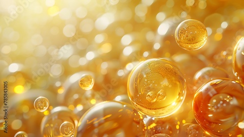 "Luxurious Golden Yellow Bubbles: 3D Rendering for Cosmetic Product"