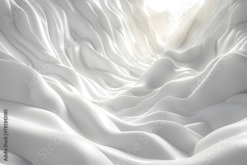 A surreal digital art piece featuring an ethereal white landscape, with flowing waves of soft fabric and light creating the illusion that you can almost touch it. Created with Ai photo