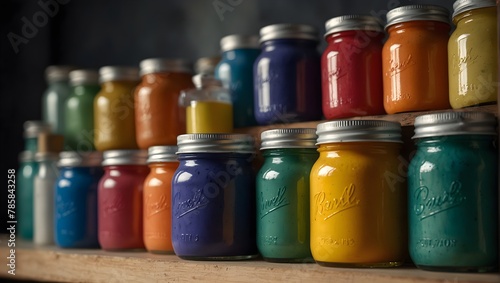 A series of watercolor paint jars lined up, each filled with a different, bright color, under soft lighting Generative AI