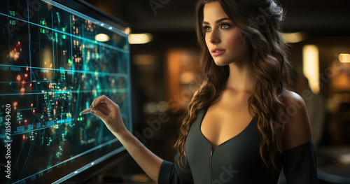 A beautiful woman in her mid-20s, with long curly brown hair and green eyes wearing an elegant black dress is standing at the far end of a large screen showing digital maps and data points. 