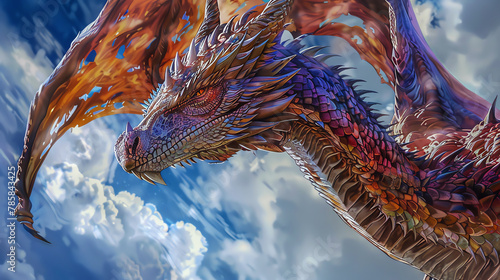 Capture a majestic dragon in oil paint, viewed from below with a dramatic tilted angle, showcasing vibrant scales and piercing eyes © ZenJoul