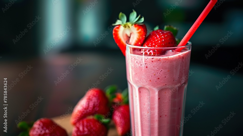 A strawberry smoothie in a glass with a straw A strawberry smoothie in a glass with a straw