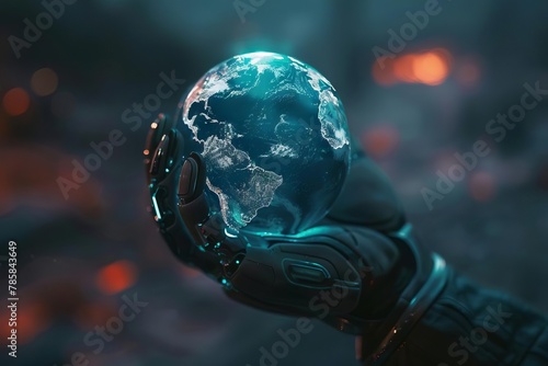 hightech cyborg hand holding futuristic holographic globe artificial intelligence concept