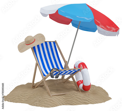 Summer holiday with beach chairs, umbrella, hat, camera and beach accessories. Summer vacation concept for travel agency advertise sale or represent. 3d rendering
