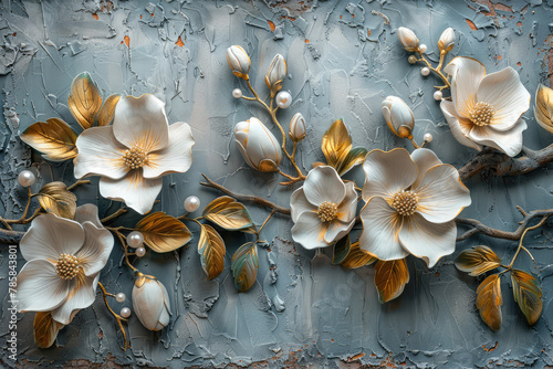 3D relief of an elegant magnolia flower wall mural, with leaves and flowers made from smooth clay texture on the gray background. Created with Ai photo