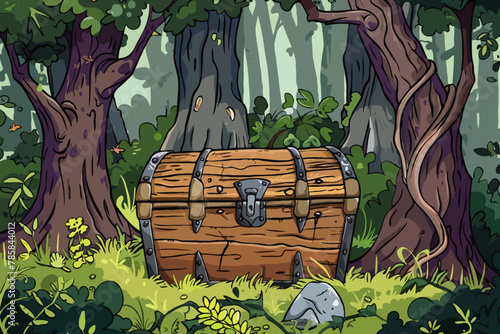 Treasure chest, Forest, Vector Illustration, Background
