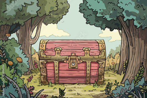 Treasure chest, Forest, Vector Illustration, Background