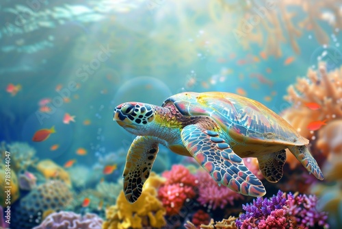 Sea turtle swimming in coral reef underwater.