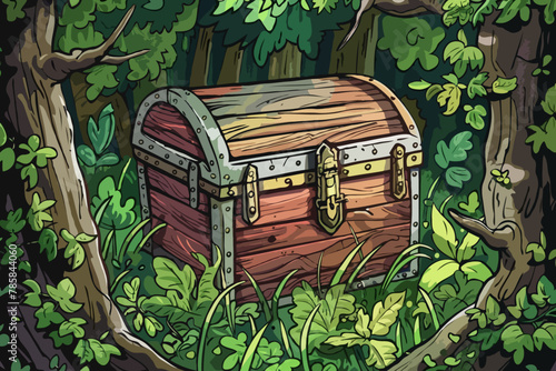 Treasure chest, Forest, Vector Illustration, Background