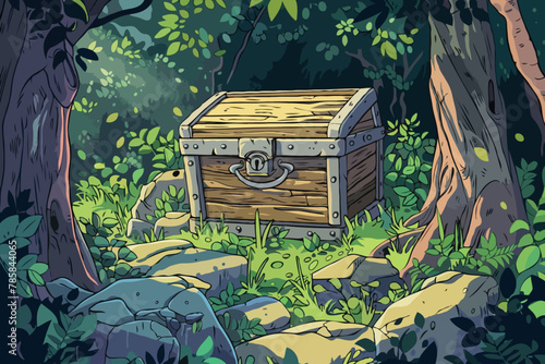 Treasure chest, Forest, Vector Illustration, Background