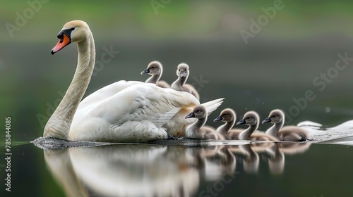 A swan with its cygnets, swimming together in a row, showcasing family bonds and care.