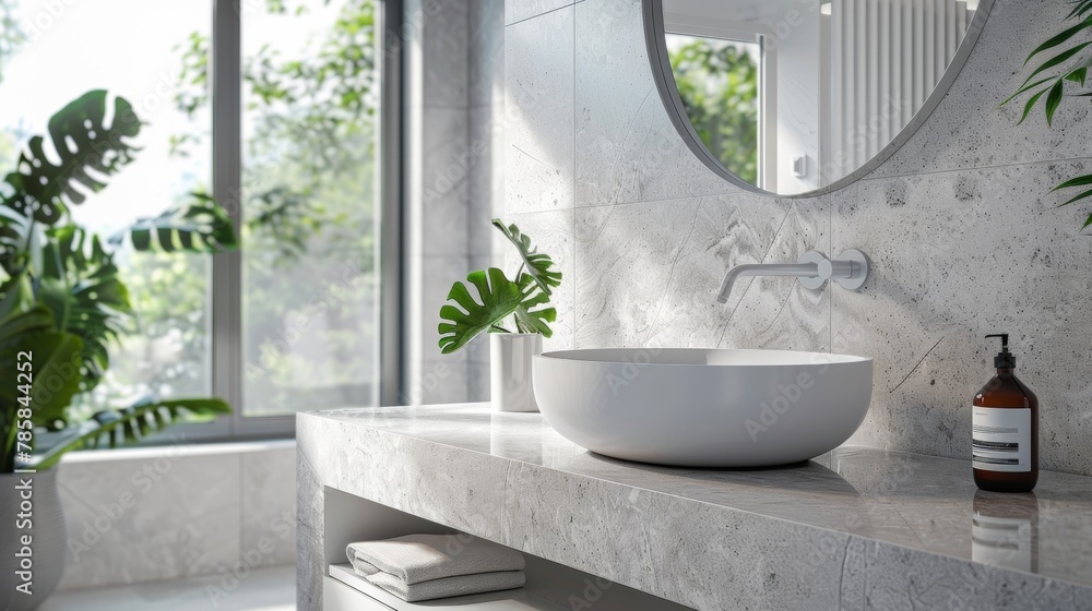 A luxurious bathroom features a polished concrete countertop with a marblelike pattern and glossy finish. This unique and elegant touch elevates the space transforming it into a spalike . - obrazy, fototapety, plakaty 