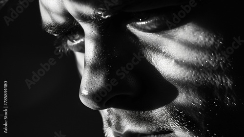 In the hollows of his the shadows accentuate the sharp lines and contours of his facial muscles. . photo