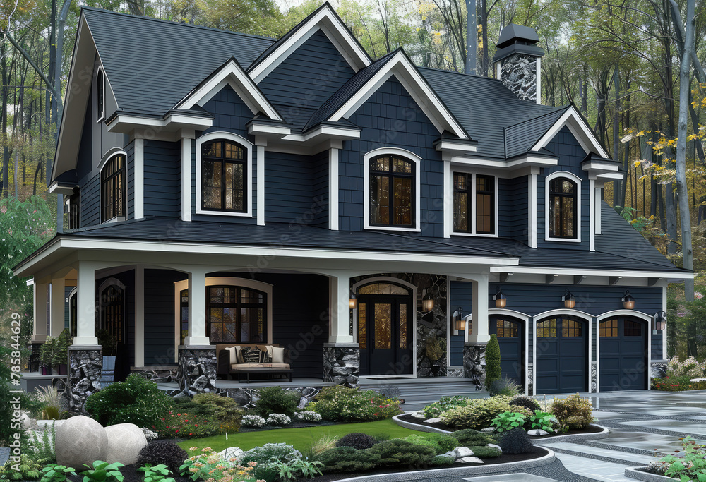 A photorealistic rendering of the exterior design for an upscale, twostory craftsman house in British dark blue with white trim and accents. Created with Ai