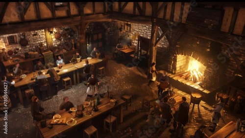 Interior of a tavern set in a fantasy world. Old wooden beams, stone-paved floors, and the warm glow of a fireplace define the space. 