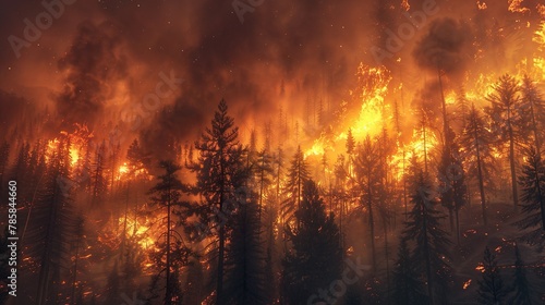 A wildfire raging through a forest, with flames engulfing trees and smoke billowing into the air, illustrating the power and destructive force of fire.
