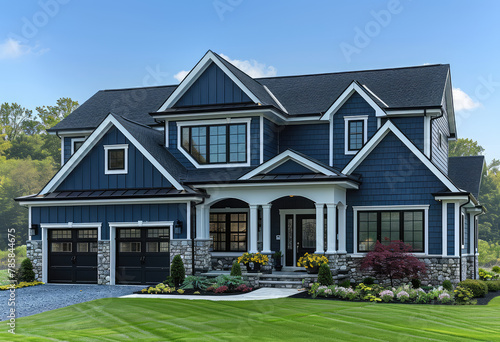  A detailed rendering of the exterior design for two story, three bedroom house with dark blue shingle and white trim. The home has an elegant gable roofline and traditional windows. Created with Ai