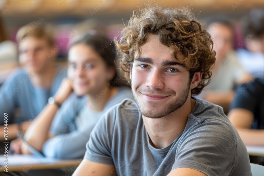 Obraz premium Young man with curls smiling in class