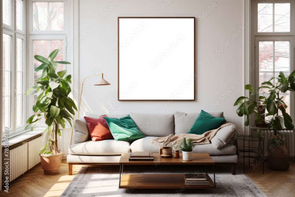 Fototapeta premium Picture fame mockup png living room interior, transparent design
