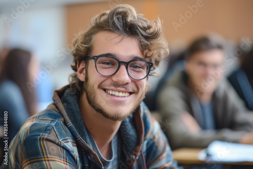 Student with glasses smiling in auditorium