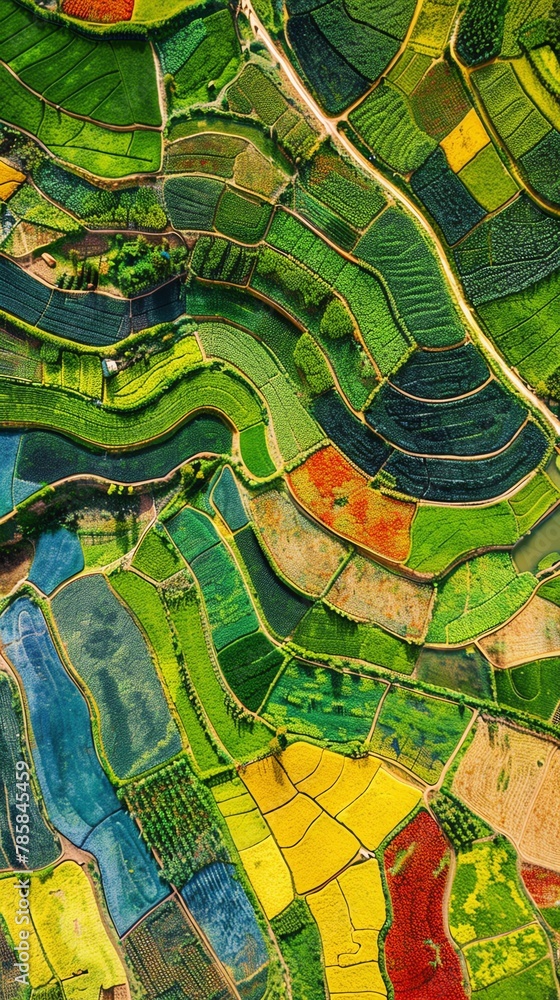 Overhead shot of a colorful land, different pop artinspired fruit shapes dotting fields, clear sky, Overhead shot of a colorful land, different pop artinspired fruit shapes dotting fields, clear sky,