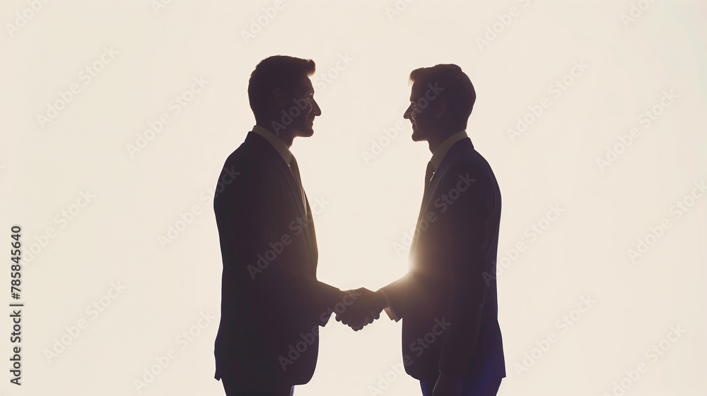 Silhouette of two business men shaking hands, white background, natural light, edge lighting