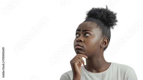 Young black woman in a white t-shirt, thoughtful, suspicious, transparent background photo