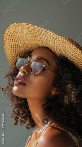 Wallpaper Mural closeup woman wearing straw hat sunglasses skin light features girl love curls top sales looking sky transparent glasses Torontodigital.ca