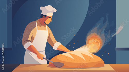 A close up shot of a baker sprinkling flour on a perfectly shaped loaf of bread as it bakes in a stone oven with the smoke and aroma wafting