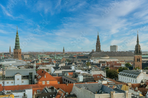 Copenhagen, Denmark. September 27, 2019: Copenhague, Denmark. September 28, 2019: Panoramic landscape of the city and its architecture with sky.