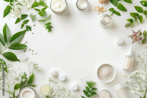 White background with beauty products and natural ingredients arranged in the shape of an empty circle  creating space for text or product images