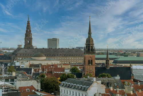 Copenhagen, Denmark. September 27, 2019: Copenhague, Denmark. September 28, 2019: Panoramic landscape of the city and its architecture with sky.