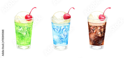 ソーダフロートのセット　飲み物の手描き水彩イラスト素材