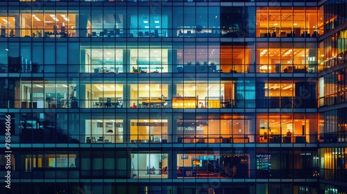 Pattern of office buildings windows illuminated at night, Modern office buildings, Generative AI