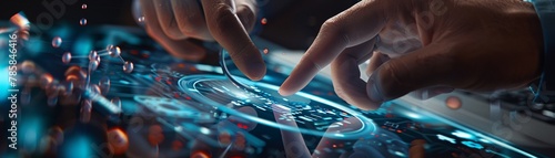 In a hightech environment, a closeup view of a consultants hand seamlessly interacting with a threedimensional holographic interface, precisely targeting a laptop symbol photo