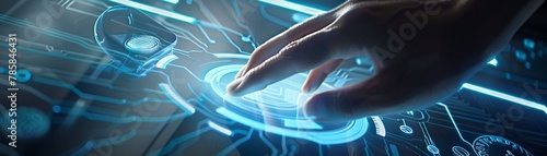 In a hightech environment, a closeup view of a consultants hand seamlessly interacting with a threedimensional holographic interface, precisely targeting a laptop symbol photo