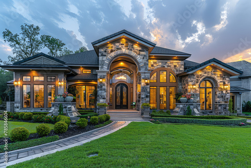 Photo of A stunning twostory luxury home in The Woodlands, Texas with stone and wood details on the exterior walls, a large front door leading to an elegant entryway. Created with Ai
