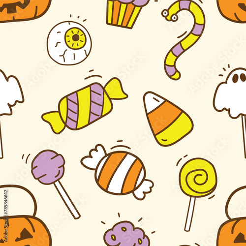 Halloween Trick or Treat candies seamless pattern, Hand drawn cute cartoon style.