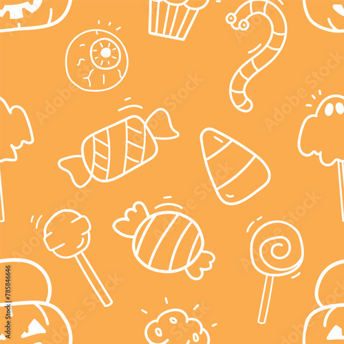 Halloween Trick or Treat candies seamless pattern, Hand drawn cute cartoon style.
