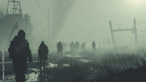 A group of shadowy figures ly visible in the dense fog boldly making their way through a dystopian wasteland. . .