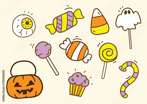 Collection of Halloween Trick or Treat hand drawn candies in cute cartoon style.