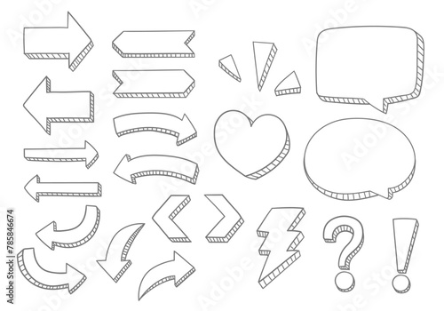 Vector set of hand drawn dimensional doodle including 
directional arrows, signs, symbols and speech bubbles. photo
