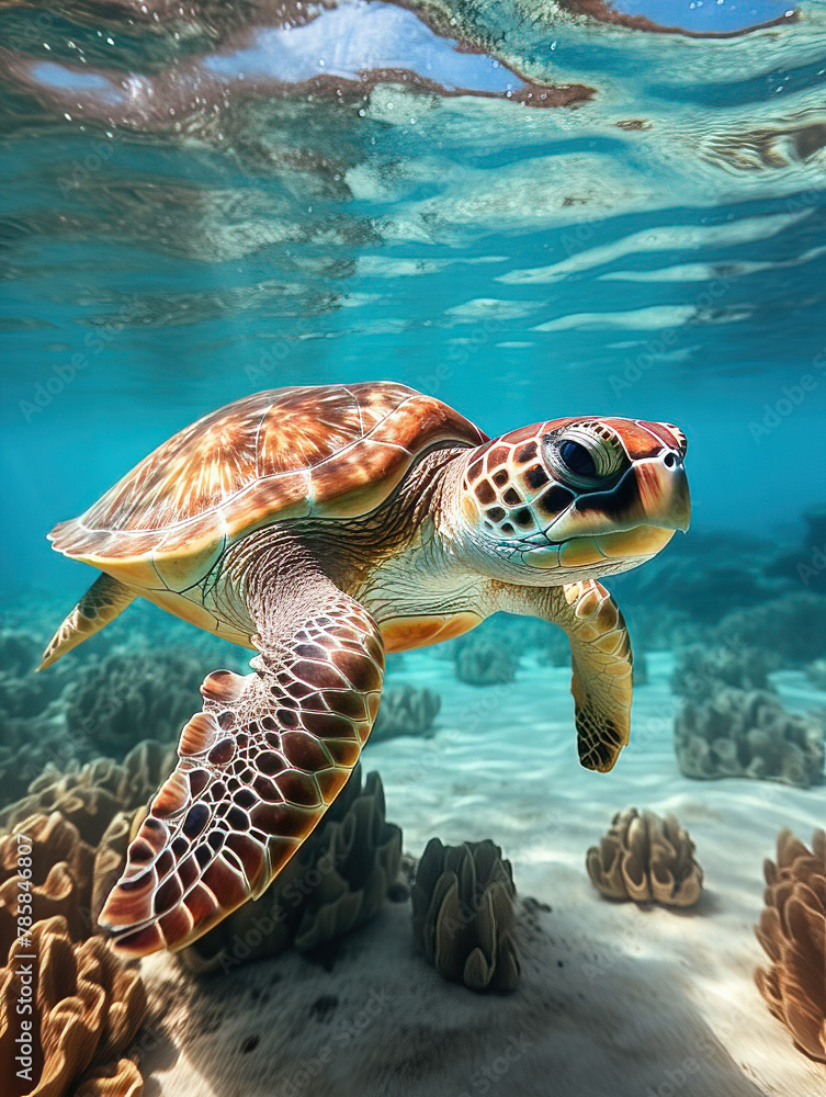 Obraz premium green sea turtle swimming under the sea. Green sea turtle approaching water surface. Turtles swimming in the clear sea surface with shallow coral reefs.