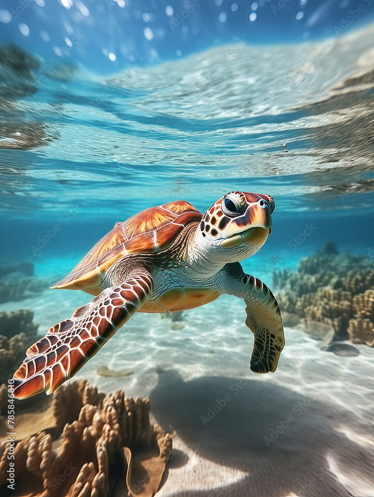 Obraz premium green sea turtle swimming under the sea. Green sea turtle approaching water surface. Turtles swimming in the clear sea surface with shallow coral reefs.