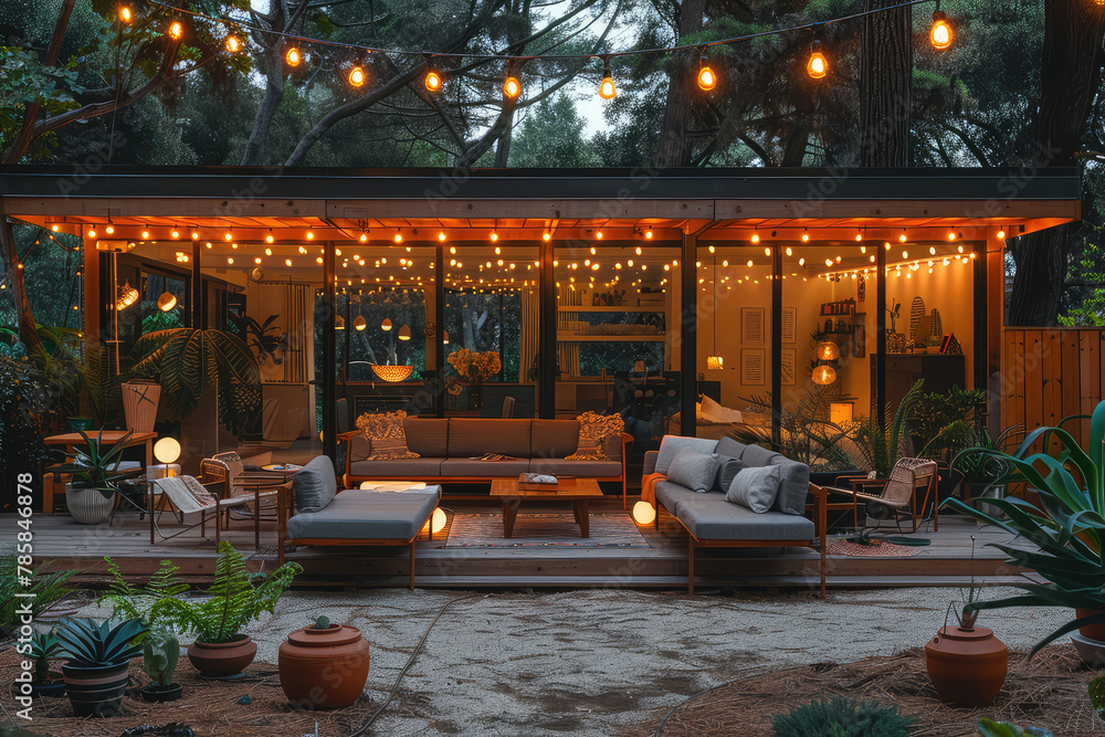 Cozy modern home with large wooden deck, lanterns and string lights in the backyard of an Lshaped house. Created with Ai