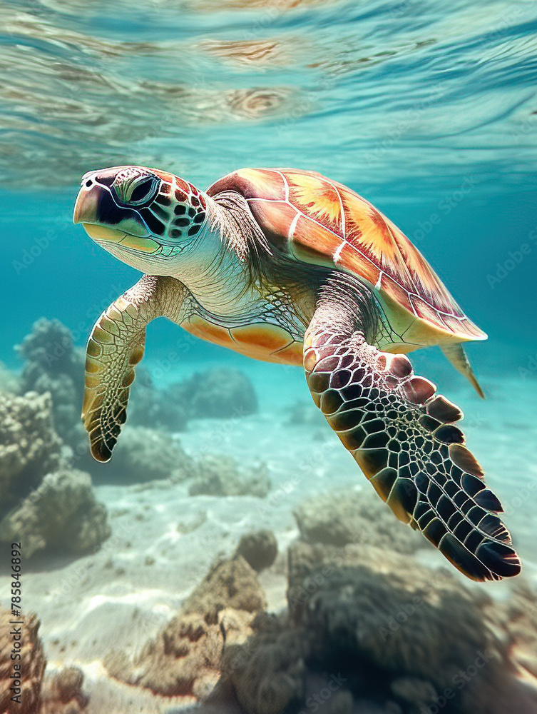 Fototapeta premium green sea turtle swimming under the sea. Green sea turtle approaching water surface. Turtles swimming in the clear sea surface with shallow coral reefs.